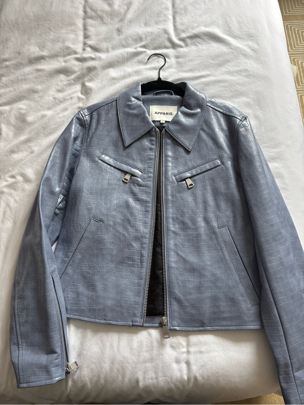 Apparis Light Blue Croc-Embossed Leather Zip Jacket